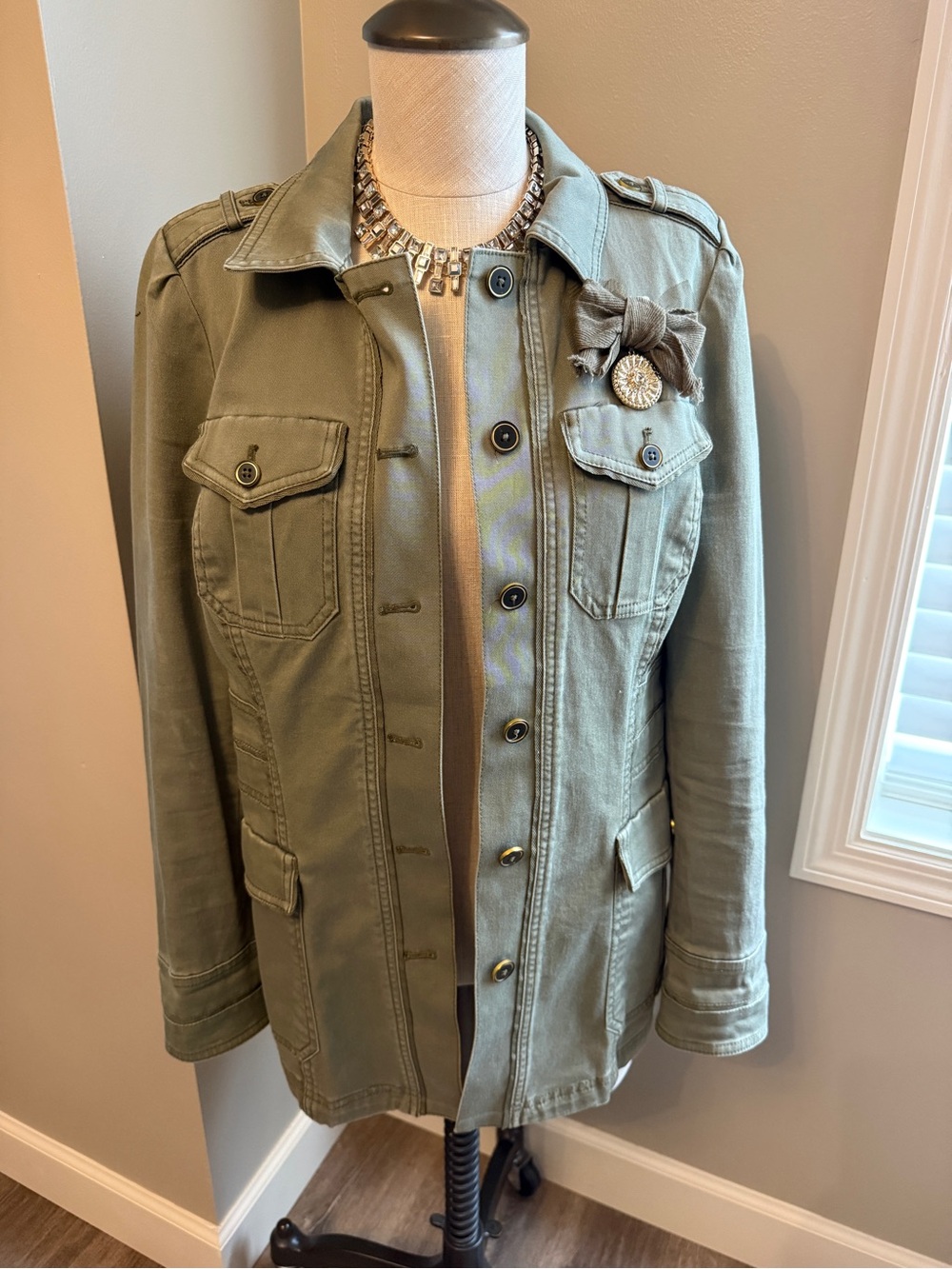 White House Black Market - Olive Utility Jacket with Embellished Brooch